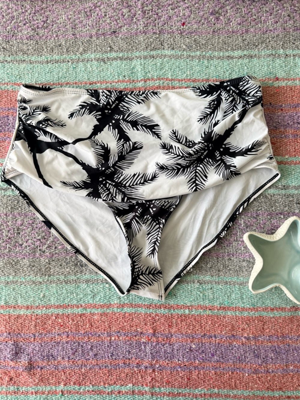 High Waisted Bikini Bottoms Palm Print Black White xxl